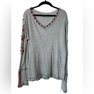 Sundance Women's Floral Embroidered Long Sleeve Thermal Top Grey Size M Boho